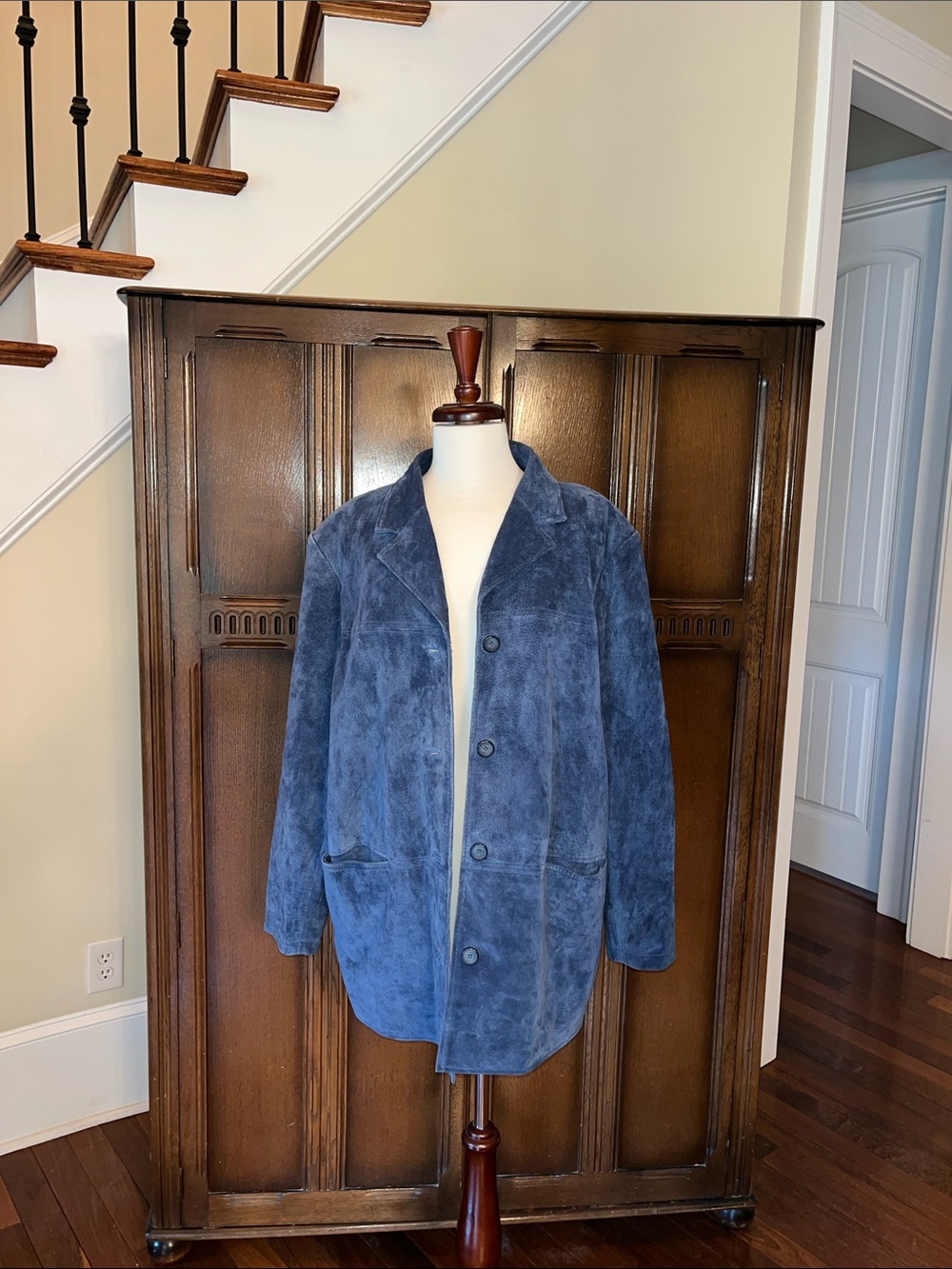 Women’s Blue Suede Button-Front Leather Jacket